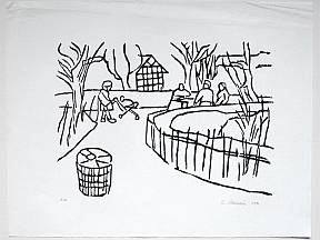 Holzschnitt, Frau mit Kinderwagen im Zoo, 1994 