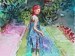„Mädchen in Rotschilds Garten 2”, Aquarell auf Papier, 24 x 32 cm, 30.6.2015 (Privatbesitz/Berlin)