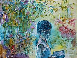 „Mädchen in Rotschilds Garten 1”, Aquarell auf Papier, 32 x 24 cm, 25.6.2015 (Im Besitz des Künstlers)