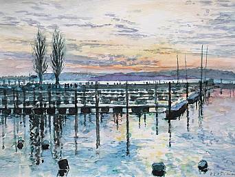 „Hafen in Unteruhldingen”, Aquarell auf Papier, 24 x 17 cm, 2015