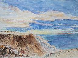 „Blick von Metzoke Dragot auf das Tote Meer”, Aquarell auf Papier, 24 x 17 cm, 2015 (Privatbesitz/Schildow)