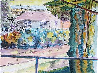 „Blick zum Meer”, Schwarze Feder und Aquarell auf Papier, 22,7 x 35 cm, 2014