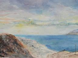 „Blick von Metzoke Dragot auf das Tote Meer”, Aquarell auf Papier, 32 x 12 cm, 2015